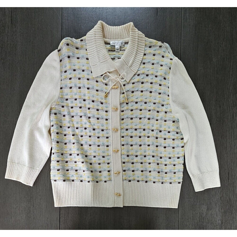 St John Sport Cardigan Sweater Wool Blend Collared Toggle Buttons XL Old Money